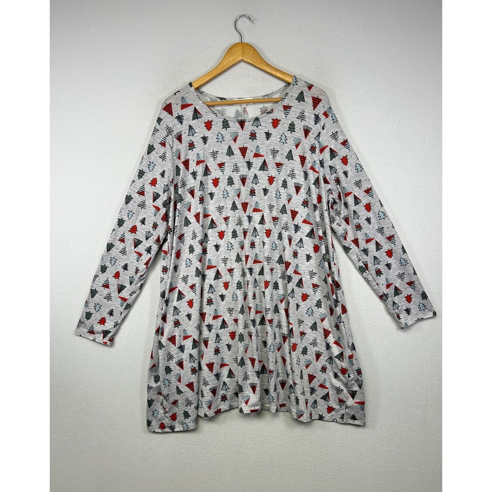 Holiday Christmas Riley & James Women 3X Gray Tree Print Long Sleeve Tunic Dress